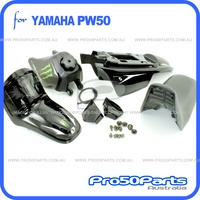 (PW50) - Package of Plastics Fender Cover, Fuel Tank, Seat (All Black) + Decal (Monster) + Bolt
