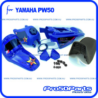 (PW50) - Package Of Plastics Fender Cover (Blue), Fuel Tank (Blue), Seat (Black) + Decal (Rockstar) + Bolt Kit
