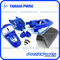 (PW50) - Package of Plastics Fender Cover (Blue), Fuel Tank (Blue), Seat (Black) + Decal (GTMOTOR) + Bolt Kit