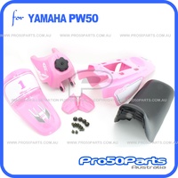 (PW50) - Package Of Plastics Fender Cover (Pink), Fuel Tank (Pink), Seat (Black) + Decal (Gtmotor) + Bolt