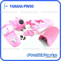 (PW50) - Package of Plastics Fender Cover, Fuel Tank, Seat (All Pink) + Decal (GTMOTOR) + Bolt