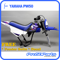 (PW50) - Package Of Plastics Fender Cover (White & Blue), Fuel Tank (Black), Seat (Black & Blue) + Decal (Pro50) + Bolt