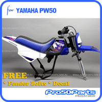 (PW50) - Package of Plastics Fender Cover (White & Blue), Fuel Tank (Black), Seat (Black & Blue) + Decal (Pro50) + Bolt