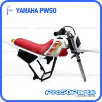 (PW50) - Package Of Plastics Fender Cover (White & Red), Fuel Tank (White), Seat (Red) + Decal (Peewee), Bolt