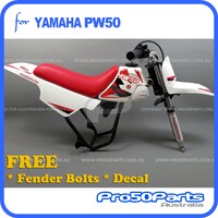 (PW50) - Package Of Plastics Fender Cover (White), Fuel Tank (White), Seat (Red) + Fender Bolt + Decal (Pro50 Red)