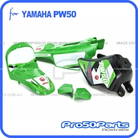 (PW50) - Package Of Plastics Fender Cover (Green), Fuel Tank (Black) + Pro50 Green Decal