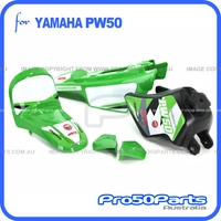 (PW50) - Package of Plastics Fender Cover (Green), Fuel Tank (Black) + Pro50 Green Decal