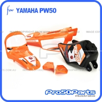 (PW50) - Package of Plastics Fender Cover (Orange), Fuel Tank (Black) + Pro50 Orange Decal