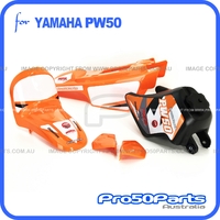 (PW50) - Package Of Plastics Fender Cover (Orange), Fuel Tank (Black) + Pro50 Orange Decal