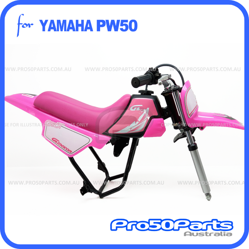 (PW50) - Package of Plastics Fender Cover (Hot Pink), Fuel Tank (Black), Seat (Pink) + Decal (GTMOTO) + Bolt