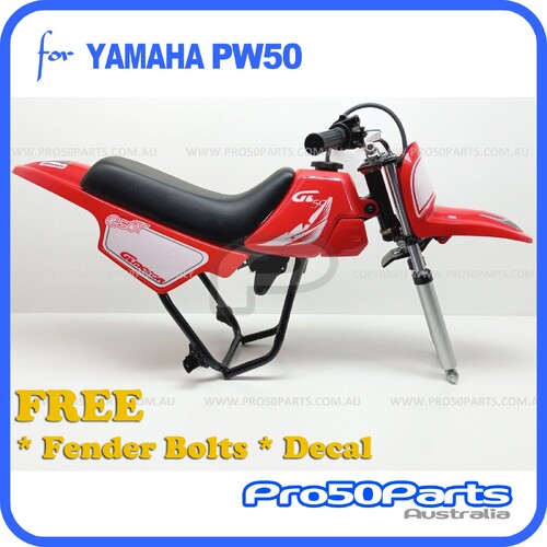 (PW50) - Package of Plastics Fender Cover (Red), Fuel Tank (Red), Seat (Black) + Decal (GTMOTOR) + Bolt