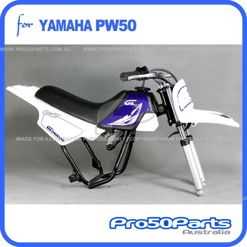 (PW50) - Package of Plastics Fender Cover (White), Fuel Tank (Black), Seat (Black) + FREEBIES (Fender Bolt, GT Blue Style Decal)