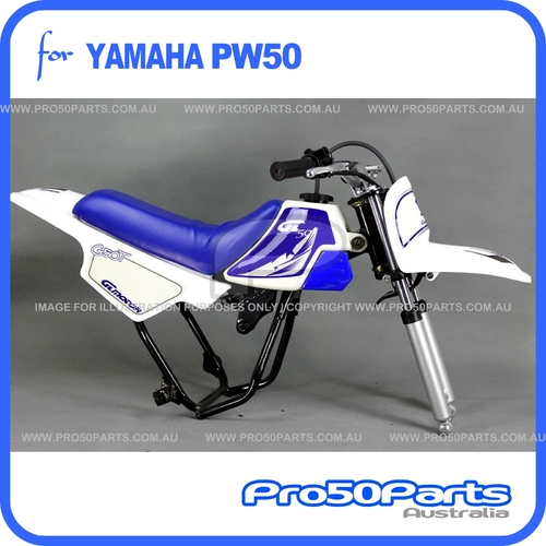 (PW50) - Package of Plastics Fender Cover (White & Blue), Fuel Tank (White), Seat (Blue) + FREEBIES (Fender Bolt, GT Blue Decal)
