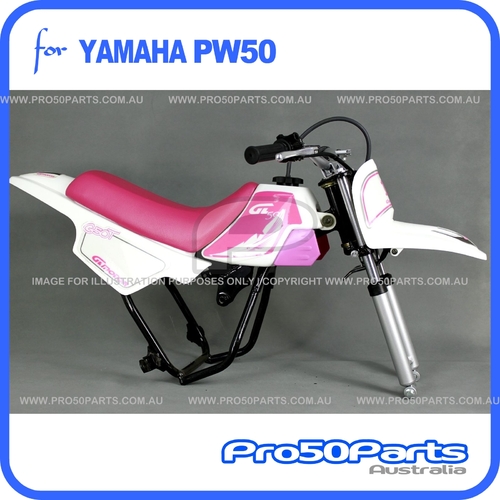 (PW50) - Package of Plastics Fender Cover (White & Pink), Fuel Tank (White), Seat (Pink) + FREEBIES (Fender Bolt, GT Pink Decal)