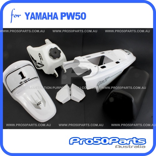 (PW50) - Package of Plastics Fender Cover (White), Fuel Tank (White), Seat (Black) + Decal (GTMOTOR) + Bolt