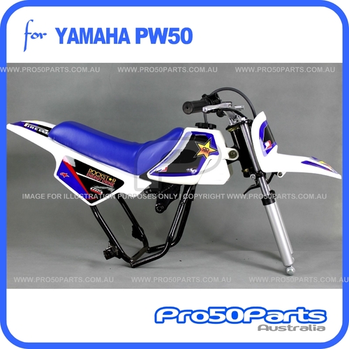 (PW50) - Package of Plastics Fender Cover (White), Fuel Tank (White), Seat (Blue) + FREEBIES (Fender Bolt, Rockstar Decal)