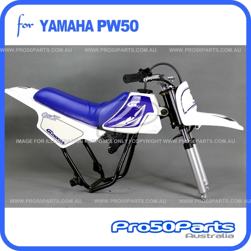 (PW50) - Package of Plastics Fender Cover (White), Fuel Tank (White), Seat (Blue) + FREEBIES (Fender Bolt, GT Blue Decal)