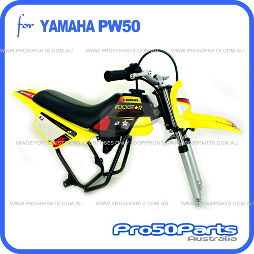 (PW50) - Package of Plastics Fender Cover (Yellow), Fuel Tank (Black), Seat (Black) + Decal (Rockstar) + Bolt